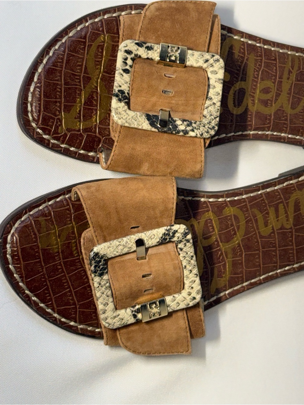 Sam Edelman Tan Suede Slide Sandals with Snakeskin Buckle - Picture 2 of 3